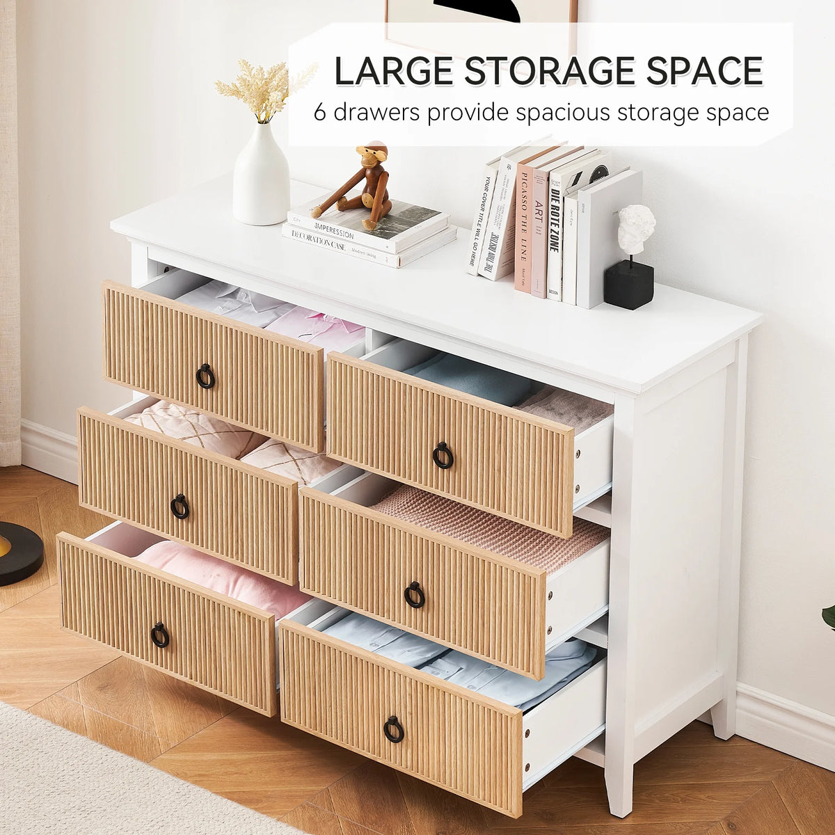 Homhougo White Dresser for Bedroom 6 Drawer, Wood Organizer Storage Cabinet with Gray Strip Drawer Door, Chest of Drawers for Closet, Living Room, Hallway, Nursery, Kids Bedroom