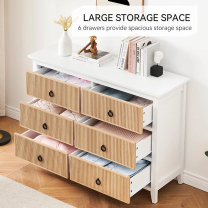 Homhougo White Dresser for Bedroom 6 Drawer, Wood Organizer Storage Cabinet with Gray Strip Drawer Door, Chest of Drawers for Closet, Living Room, Hallway, Nursery, Kids Bedroom