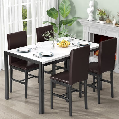 AWQM Dining Table Set of 4, Faux Marble 5 Piece Dining Room Table Set with PU Leather Chairs, Rectangular Kitchen Table Set for Apartment, Dining, White