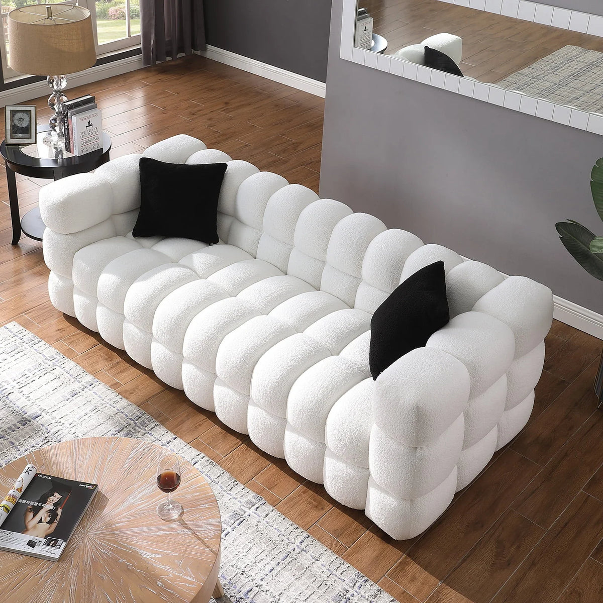 Holaki 3 Seater Sofa, 84.3" Modern Large Marshmallow Sofa with Boucle Arm, White