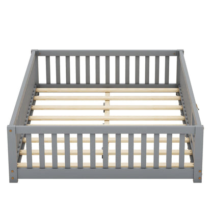 Bellemave Full Size Floor Bed with Door and Fence Floor Bed with Bed Slats Sturdy Wood Floor Bed Montessori Bed Frame (Full, Pink)