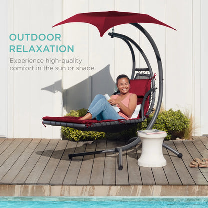Best Choice Products Hanging Curved Chaise Lounge Chair Swing for Backyard, Patio w/ Pillow, Shade, Stand - Teal