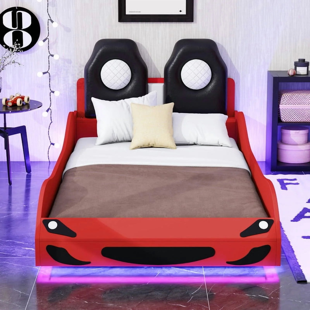 Bellemave Race Car Bed with LED Lights, Twin Size Bed Frame for Boys Kids Toddler Bed, Wooden Platform Racing Car Bed with Upholstered Backrest Headboard, No Box Spring Needed（White)