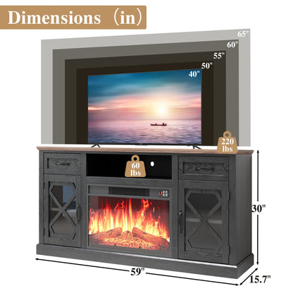 PAPROOS Fireplace TV Stand for 65 Inch TV, Modern Farmhouse TV Cabinet with 23'' Electric Fireplace, Entertainment Center Television Console Table for Living Room, Black+Brown