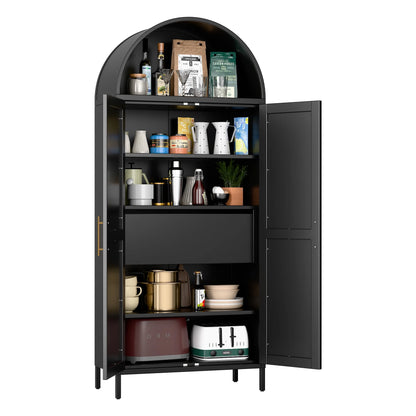 SUPEER Metal Arched Storage Display Cabinet with Glass Doors and Adjustable Shelves, Lockable Cabinet, Assembly Required, Black