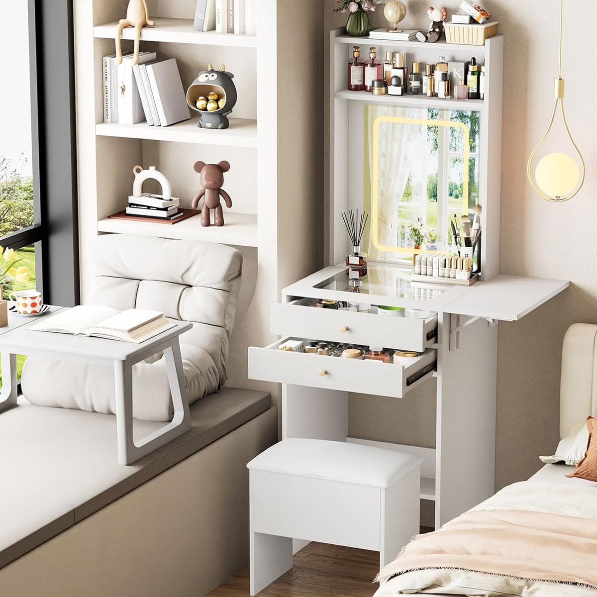 Montary Modern Mini Vanity w/Adjustable LED Mirror + Hidden Storage, Padded Stool & Dustproof Shelves (White)