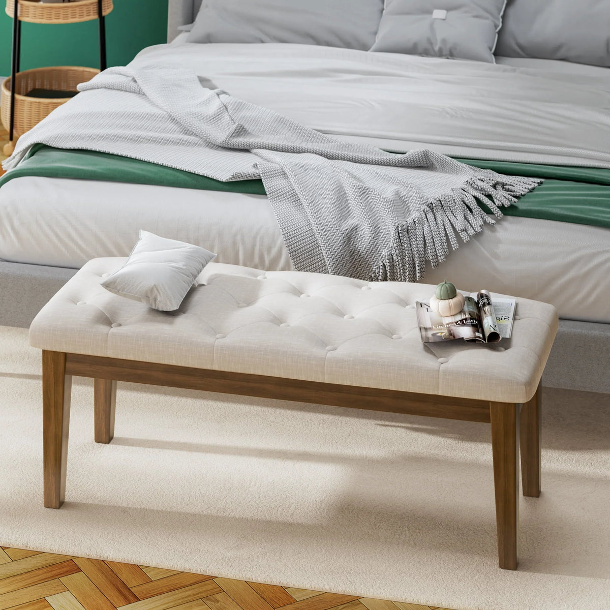 HUIMO Button-Tufted Bench for End of Bed, Entryway Bench with Upholstered Linen Fabric, Ottoman Bench for Living Room,Dining Bench for Kitchen(Beige)