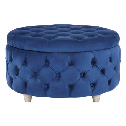 WestinTrends Wordford Round Velvet Tufted Storage Ottoman, Velvet Navy Blue