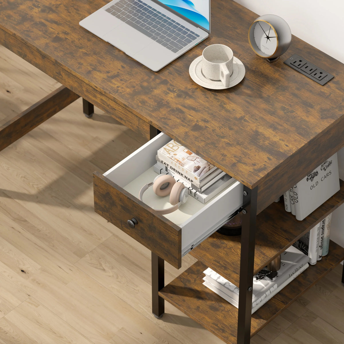 Manxile Fluted Computer Desk with USB Ports & Power Outlet, Modern White Study Table with Drawers
