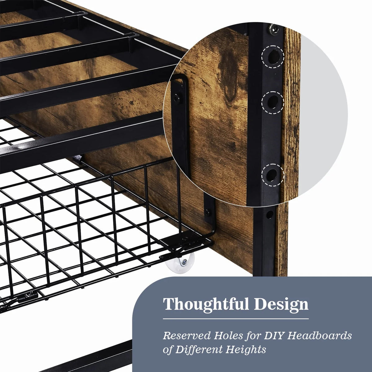 Allewie Industrial Queen Size Metal Platform Bed Frame with 4 XL Storage Drawers with Casters