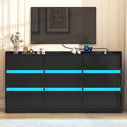 9 Drawer Dresser for Bedroom with Power Outlet, 63" Large Dresser with LED Light, Wooden Dresser For Closet, Chest of Drawers with Raised Edges