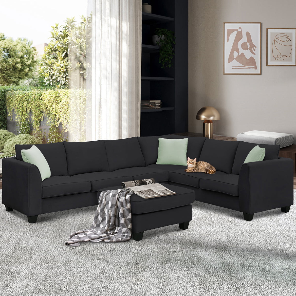 Harper & Bright Designs Modular Sectional Sofa with Ottoman Couch L Shape Corner Sofa Sets 7 Seats Fabric Couch for Living Room, Black, 112 * 87 inch