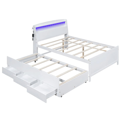 Euroco Wood Twin Size Platform Bed with Storage Headboard, Drawers Trundle and LED Light, White