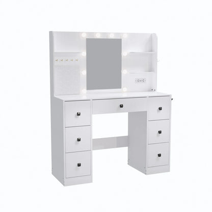 Cottinch Vanity Desk 3 Color Lighted Mirror,Makeup Dressing Table with 4 Drawers and Storage Shelves,2 Outlets,2 USB Ports,White