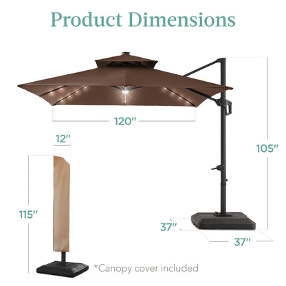 Best Choice Products 10x10ft 2-Tier Square Outdoor Solar LED Cantilever Patio Umbrella w/ Base Included - Tan