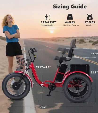 YEBEI Electric Tricycle for Adults Folding E-Trike Motorized Tricycle Electric 3 Wheels Trike Powerful 500W Motor Electric Tricycle 48V15AH Lithium Battery Max 20MPH 20*4.0” Fat Tire Orange