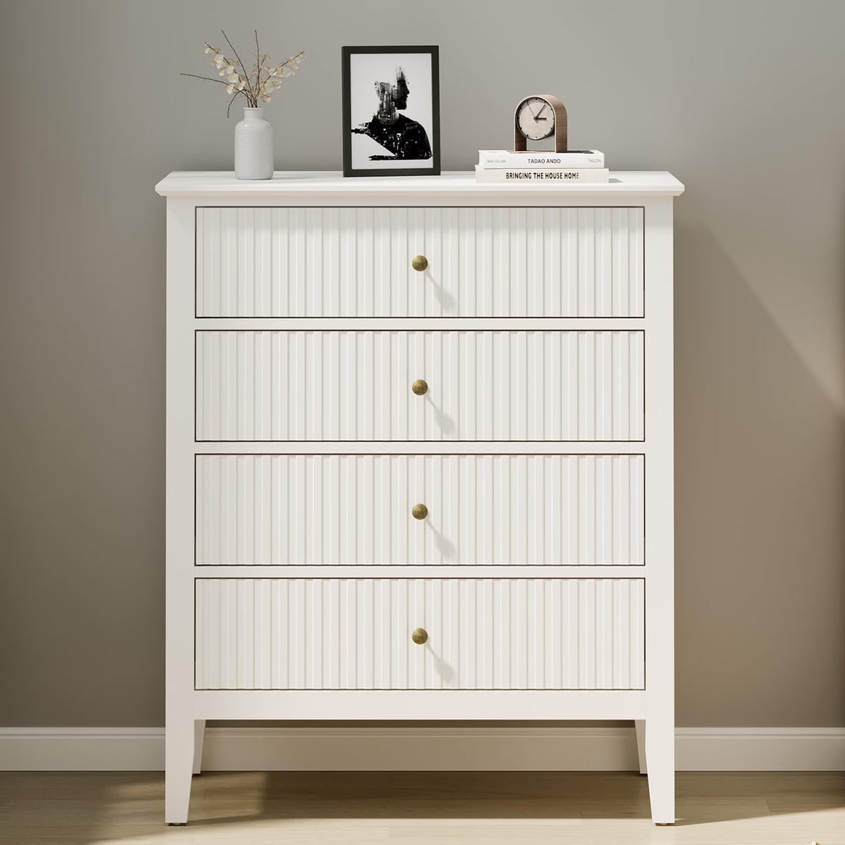 Heynemo Beige 6 Drawer Dresser, Fluted Modern Wood Chest