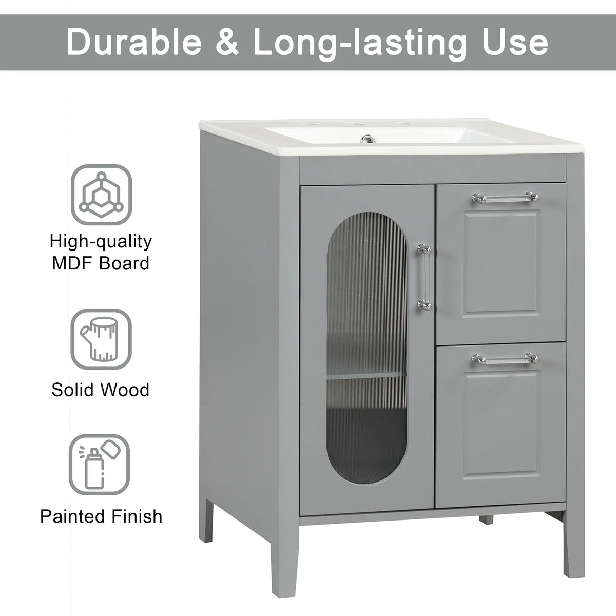 Soges 24" Bathroom Vanity with Ceramic Sink, Solid Wood Bathroom Makeup Cabinet with Door, Adjustable Shelf and 2 Drawer, Free Standing Single Basin Vanity Set for Small Bathroom, White