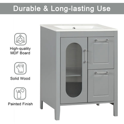 Soges 24" Bathroom Vanity with Ceramic Sink, Solid Wood Bathroom Makeup Cabinet with Door, Adjustable Shelf and 2 Drawer, Free Standing Single Basin Vanity Set for Small Bathroom, White