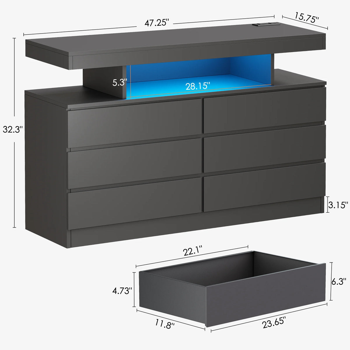 BEWISHOME Black 6-Drawer Dresser with LED Lights & Charging Station �C Modern Wood Storage Cabinet with Open Shelge Cabinet with Open Shelf, USB Ports & Outlets �C 47.24" Bedroom & Living Room TV Stand