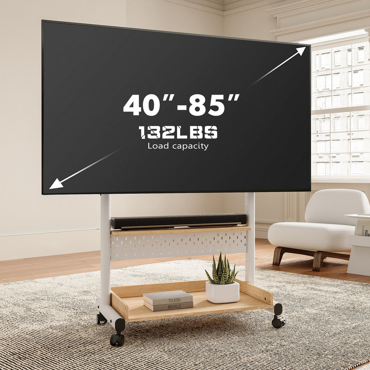 FITUEYES Rolling TV Stand with Wheels for 40-85 inch TVs, Height Adjustable Mobile TV Stand TV cart with Wooden Large Storage,White
