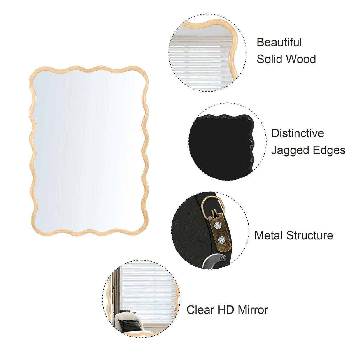 Solid Wood Wavy Frame Modern Mirror - 40x28 Inches Durable Farmhouse Wall Decor for Bathroom, Living Room & Entryway with Easy Install