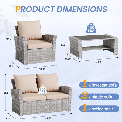 UDPATIO Wicker Patio Furniture Set, 4 Piece Outdoor Sectional Conversation Sets, Gray PE Rattan Patio Sofa Set for Balcony, Porch, Backyard, Grey