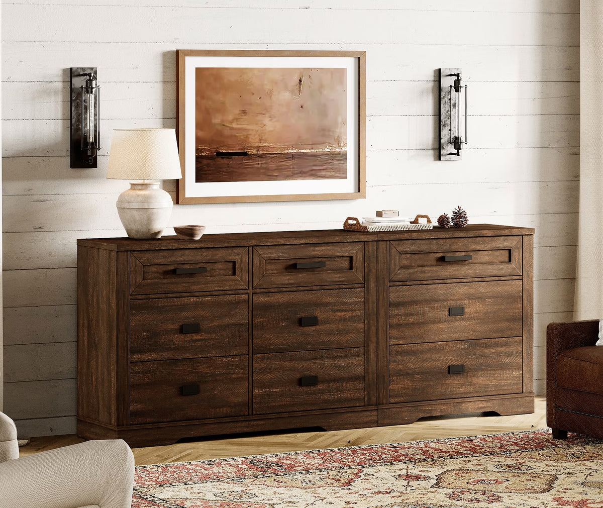 WAMPAT 2 in 1 Dresser with 9 Drawers for Bedroom, Wooden Dressers with Wide Chest of Drawers,Modern Farmhouse Dresser TV Stand with Metal Handles for Living Room, Hallway,Vintage Oak