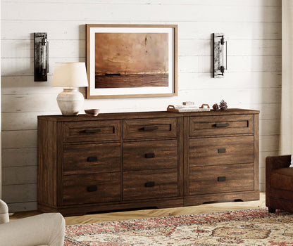 WAMPAT 2 in 1 Dresser with 9 Drawers for Bedroom, Wooden Dressers with Wide Chest of Drawers,Modern Farmhouse Dresser TV Stand with Metal Handles for Living Room, Hallway,Vintage Oak