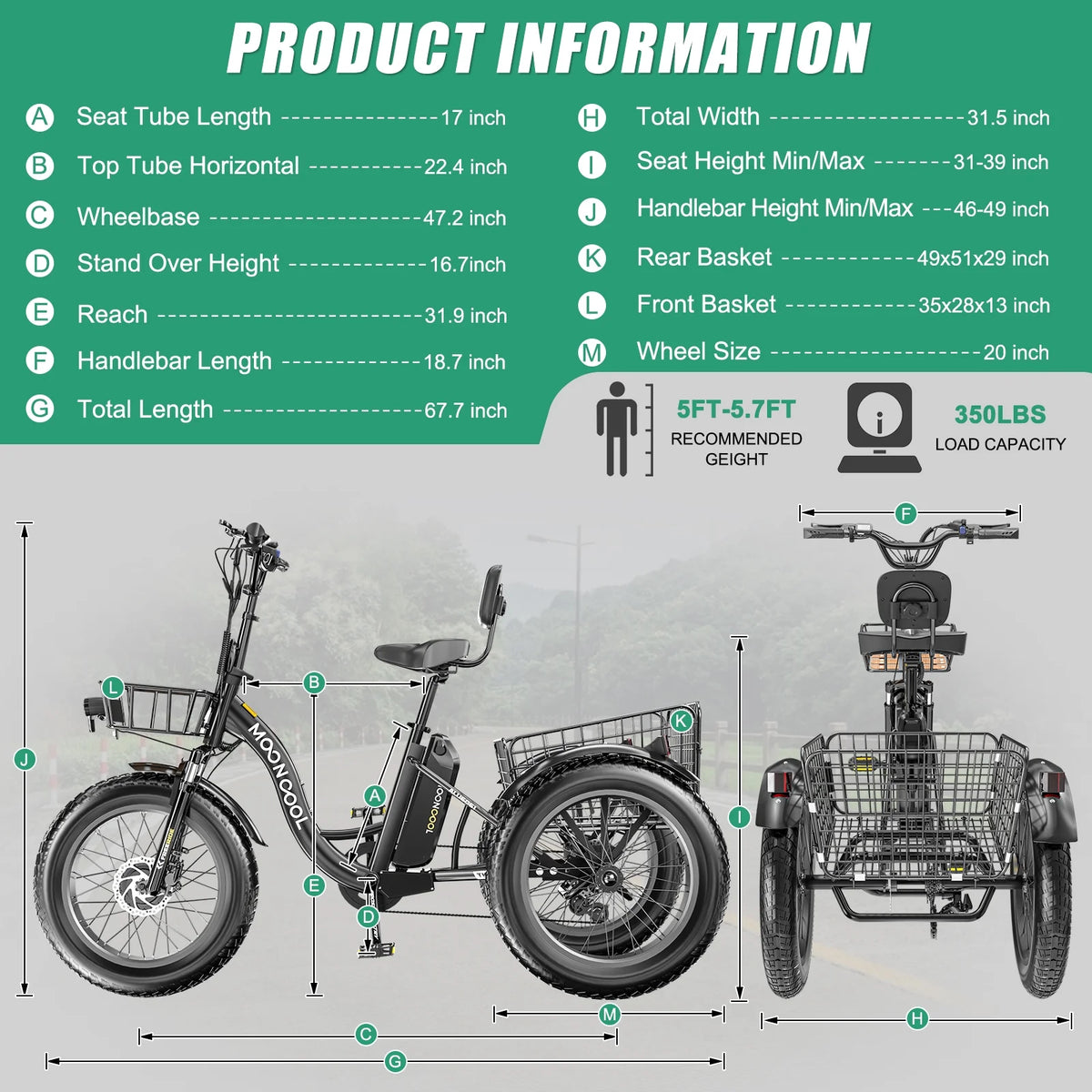 20" x 4" Fat Tire Electric Tricycle for Adult, 7 Speeds Electric Trike 48V 500W Motorized Tricycle , Electric Three Wheels Bicycle for Senior, Aluminum Frame & Rear Basket ,16mph