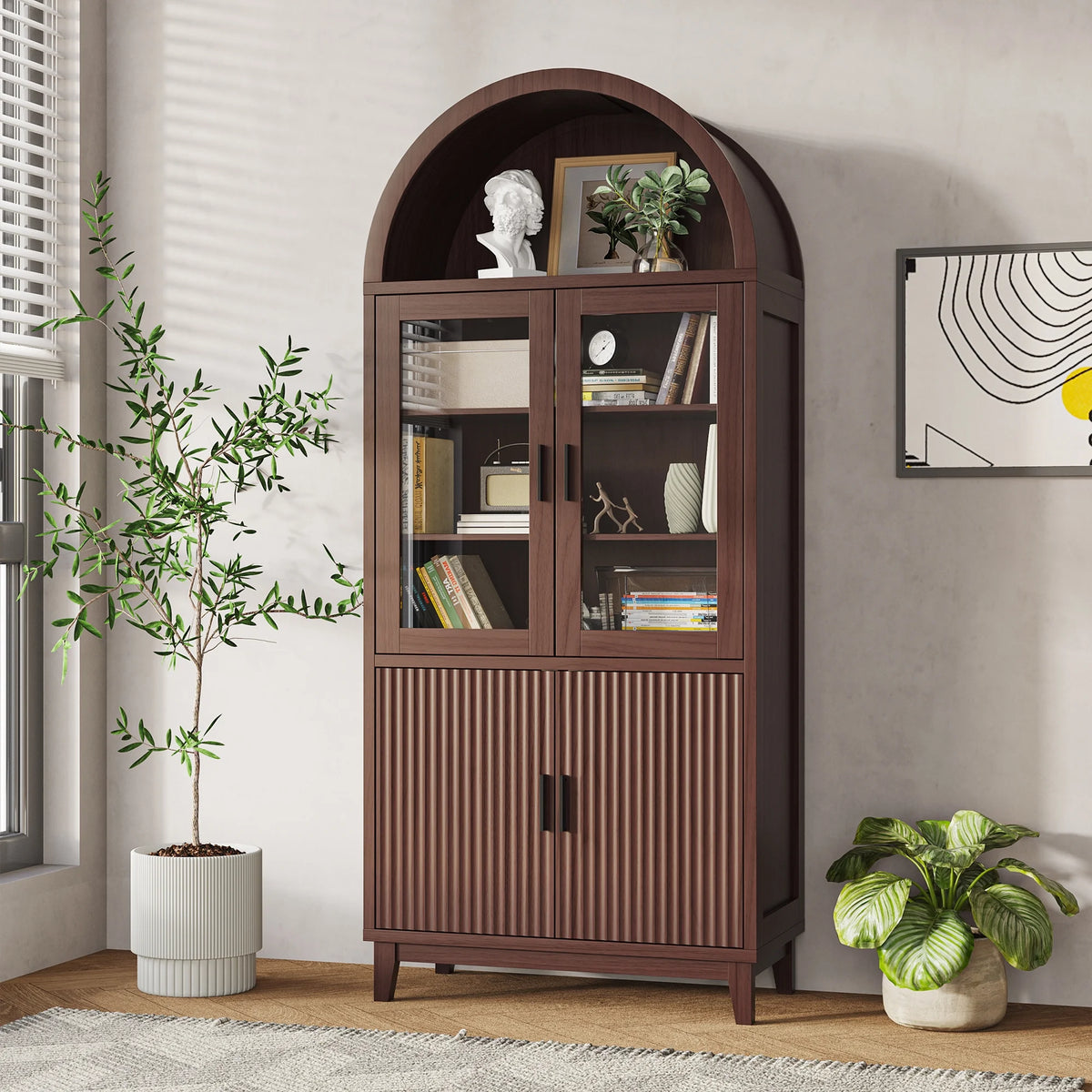 VEANERWOOD 71" Tall Arch Cabinet, Wood Fluted Kitchen Kitchen Storage Cabinet with 4 Doors and 6 Shelves for Dining Room Living Room