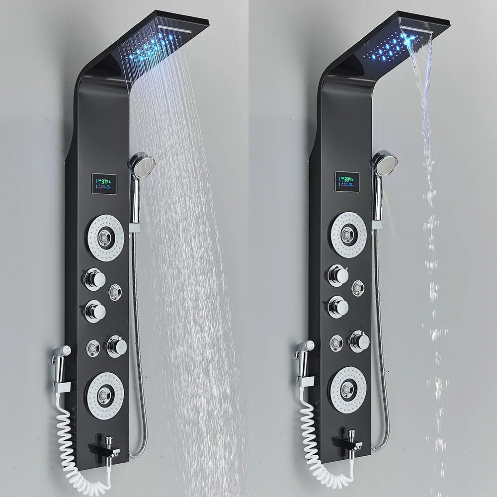 Shower Panel Tower System LED Rain&Waterfall Massage Jet Sprayer Stainless Steel