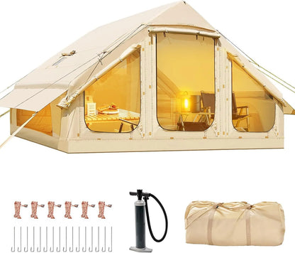 NAIZEA Inflatable Tent Air Glamping Tents 6Person Cabin Tent&Mesh&Chimney Window
