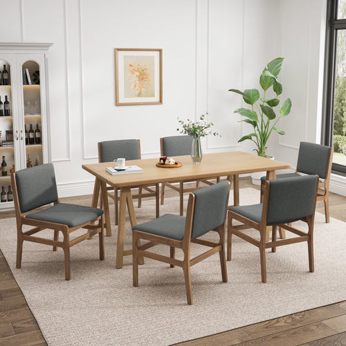 GDF Studio Modern 7 Piece Dining Set, 71" Rectangular Table with 6 Upholstered Side Chairs, Solid Wood Legs, Dark Gray+Oak