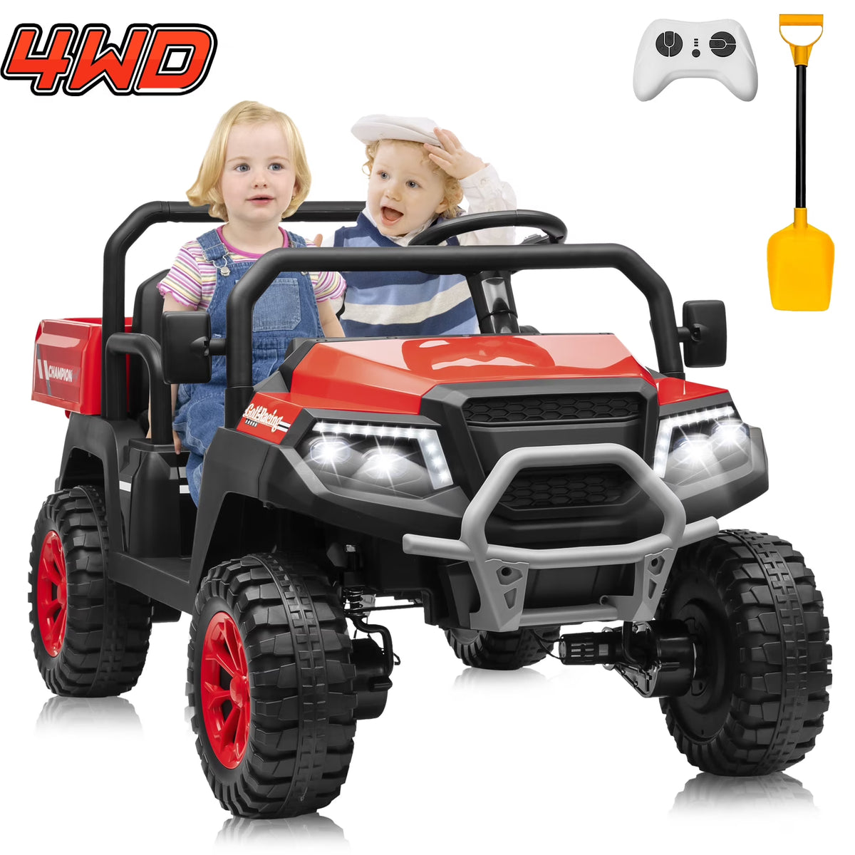 Joyracer 4WD 24 Volt Ride on Toys UTV with 2 Seater & Remote Control, Kids Electric Golf Cart w/ 4x200W Power Motors, Tiltable Trailer & Shovel, 4 Wheels Spring Suspension, Bluetooth USB Music, Black