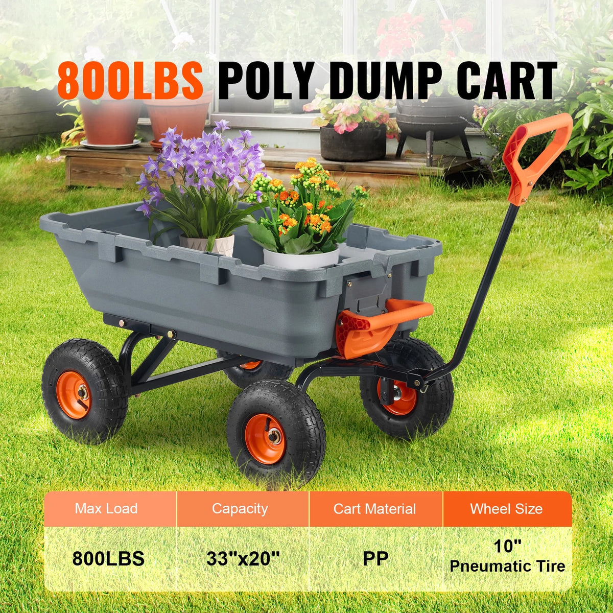 KFFKFF Garden Dump Cart, 35.8x19.5x8.2 in Dump Truck Cart, Max. 600lbs Load Capacity, 10in Rubber Tire, 180�� Adjustable Handle