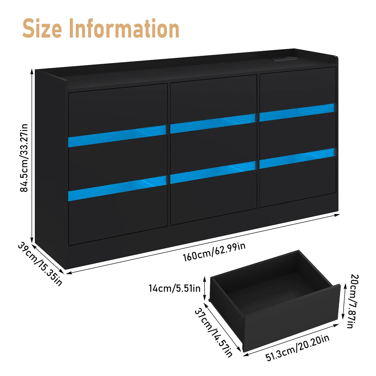 9 Drawer Dresser for Bedroom with Power Outlet, 63" Large Dresser with LED Light, Wooden Dresser For Closet, Chest of Drawers with Raised Edges