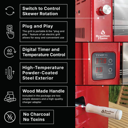 Brazilian Flame 2-Skewer Brazilian Rotisserie Electric Grill in Red
