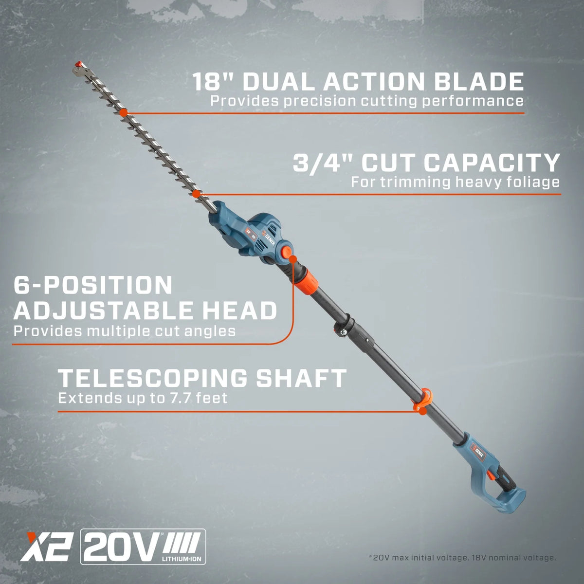 SENIX 20 Volt Max* Cordless Pole Hedge Trimmer 18-Inch Cutting / 21-inch Blade Length with Adjustable Head & Telescoping Shaft, Battery & Charger included, HTPX2-M