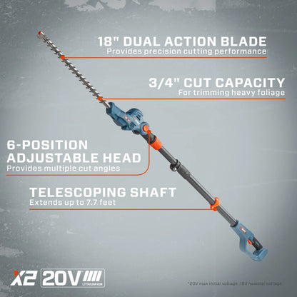SENIX 20 Volt Max* Cordless Pole Hedge Trimmer 18-Inch Cutting / 21-inch Blade Length with Adjustable Head & Telescoping Shaft, Battery & Charger included, HTPX2-M