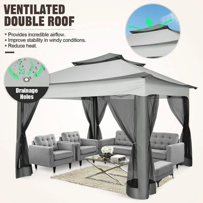 COBIZI 12x12 Outdoor Gazebo Pop Up Gazebo Canopy with Mosquito Netting Patio Tent Backyard Canopy with 2-Tiered Vented Top 3 Adjustable Height, Beige