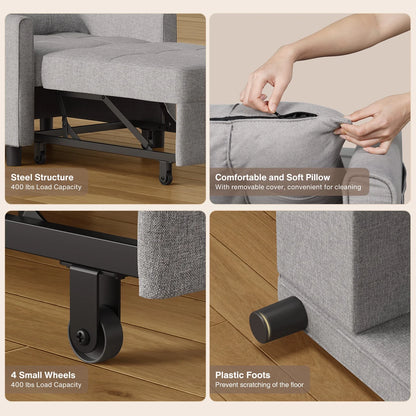 Sofa Bed, Lofka 3-in-1 Convertible Sleeper Sofa with Storage, Adjustable Backrest & Pull Out Function - Sleeper Chair for Small Space, Apartment, Dark Grey