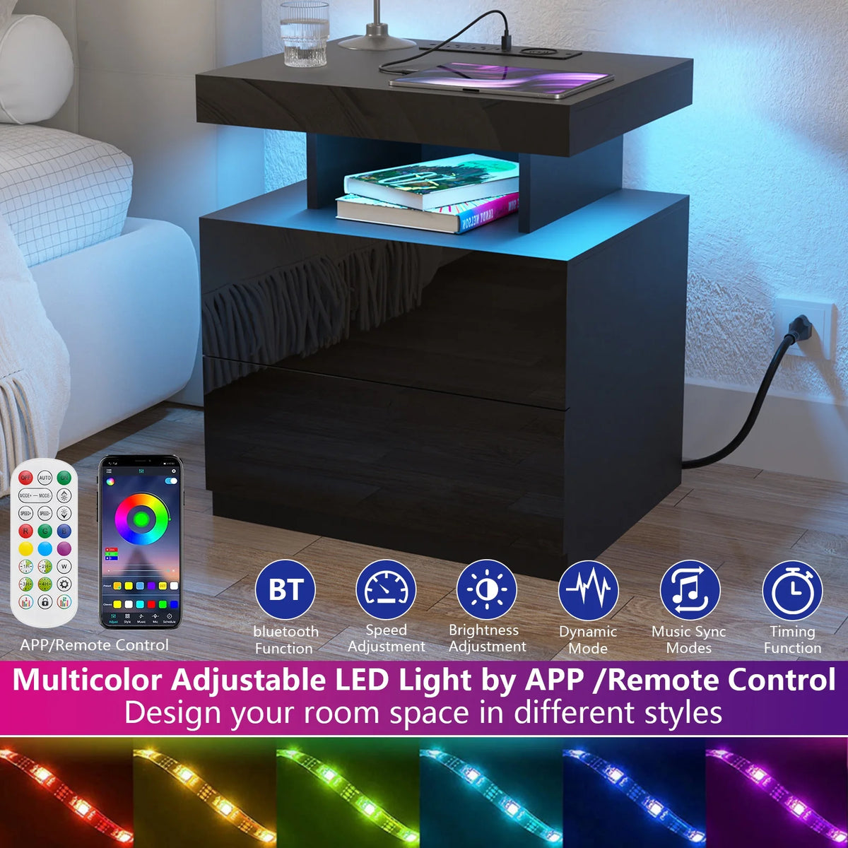 Hommpa LED Nightstand with Wireless Charging Station Modern Nightstand Type C USB Port 2 Drawers Bedside Table Black Smart Night Table High Gloss End Side Table for Bedroom Furniture 22.3" Tall