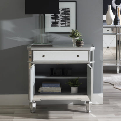 Powell Deville 2-Door Single Drawer Indoor Console Table with Shelves, Mirrored Surfaces and Luxe Silver Wood