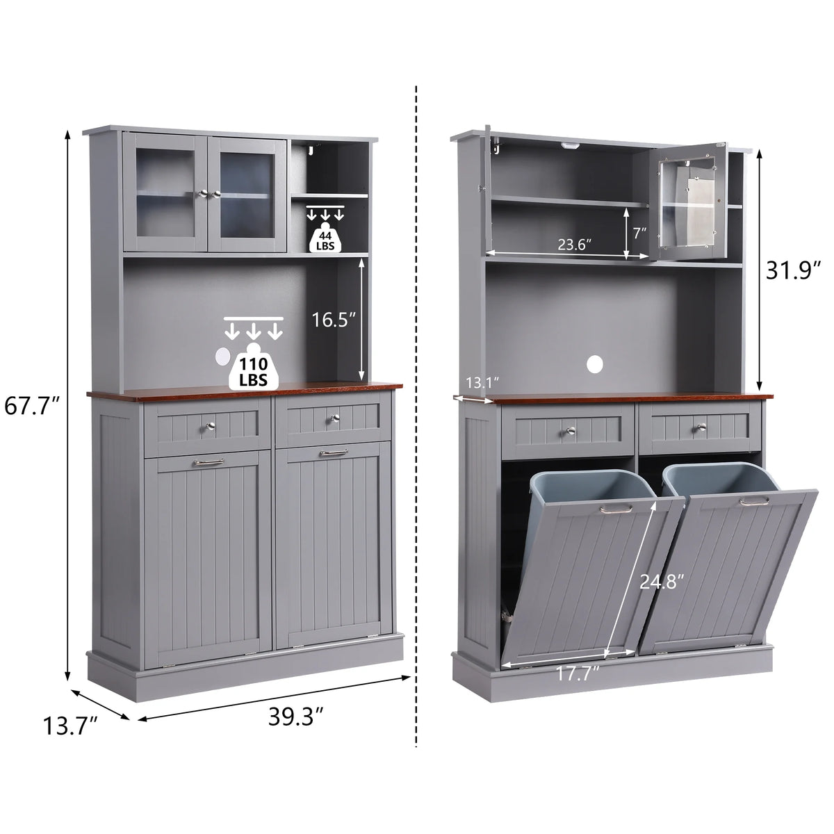 KIGOTY Dual Kitchen Trash Cabinet, Double Tilt Out Trash Can Cabinet with Countertop and Drawer, Free-Standing Pet Proof Recycling Cabinet Garbage Can Holder, Wood (White)