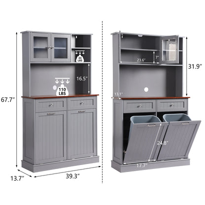KIGOTY Dual Kitchen Trash Cabinet, Double Tilt Out Trash Can Cabinet with Countertop and Drawer, Free-Standing Pet Proof Recycling Cabinet Garbage Can Holder, Wood (White)
