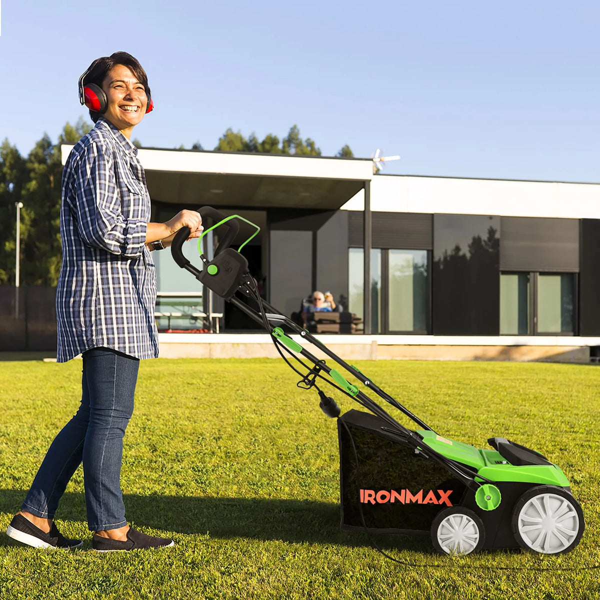 IronMax 13Amp Corded Scarifier 15" Electric Lawn Dethatcher w/50L Collection Bag Orange