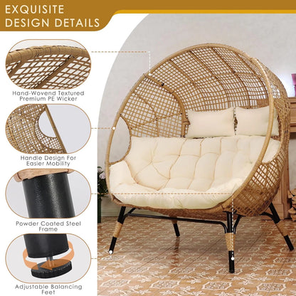 RADIATA 440 lbs Outdoor Egg Chair with Foot Rest & Ottoman, Wicker Patio Egg Chair for Indoor or Garden,Beige