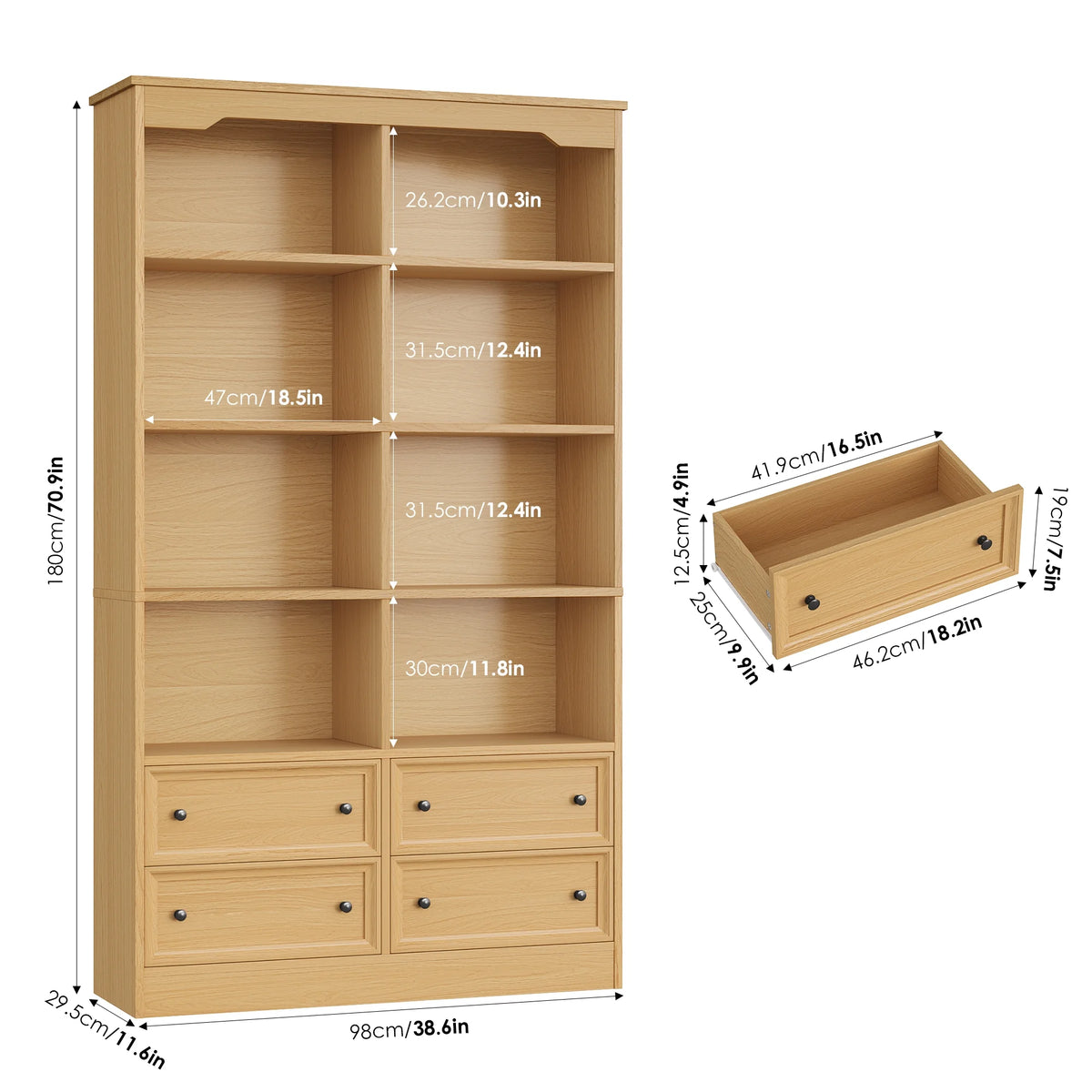 Homfa Double Row 6 Tier Bookcases, 71 in Tall Bookcase Bookshelf with 4 Drawers and 8 Display Cubicles, for Home Office Living Room, White
