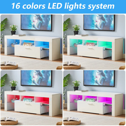 UHOMEPRO TV Stand for TV up to 70", Living Room Entertainment Center with RGB LED Lights and Storage Shelves Furniture, White High Gloss TV Cabinet Console Table